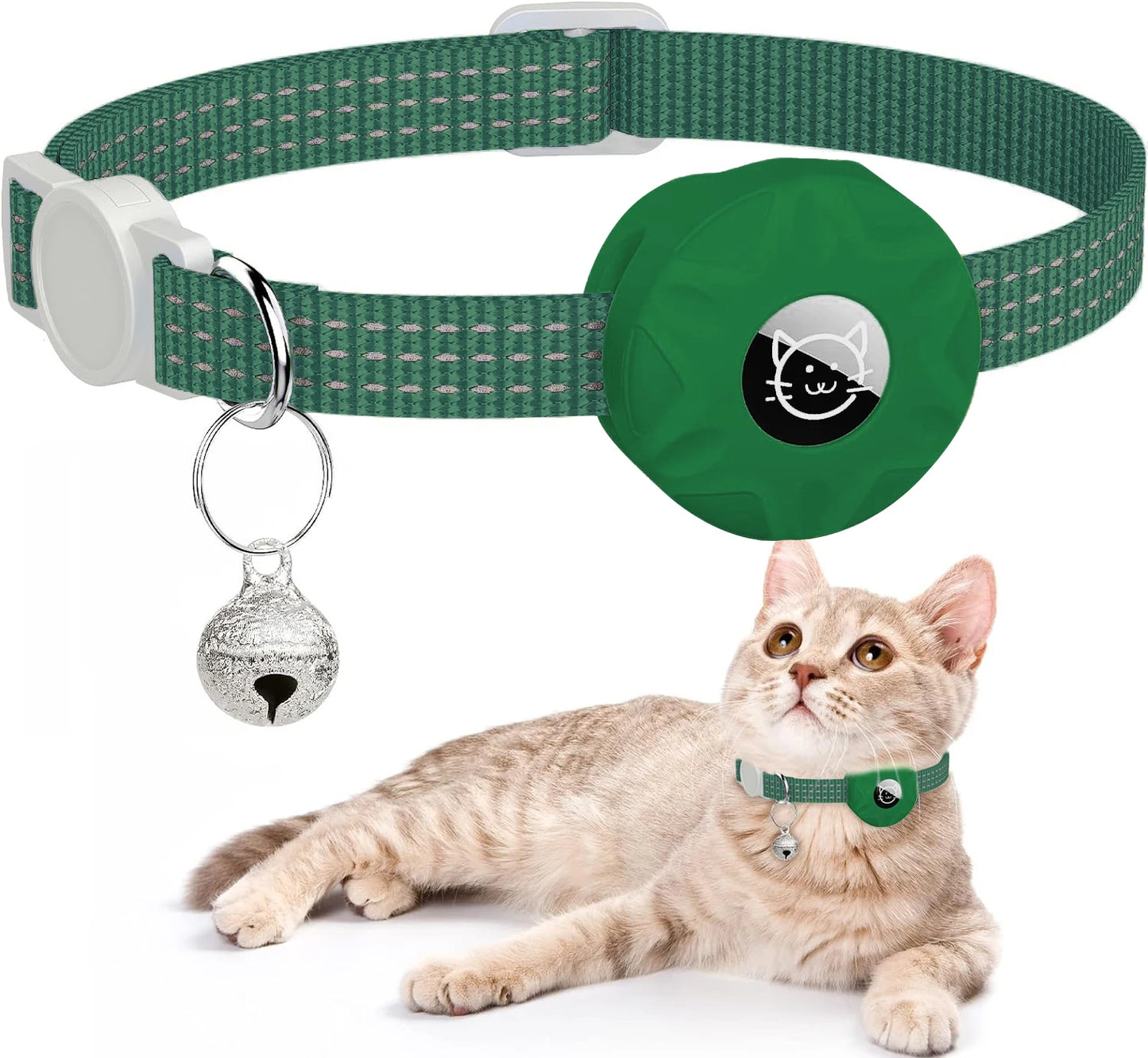 Breakaway Reflective cat collar with airtag holder Dark Green