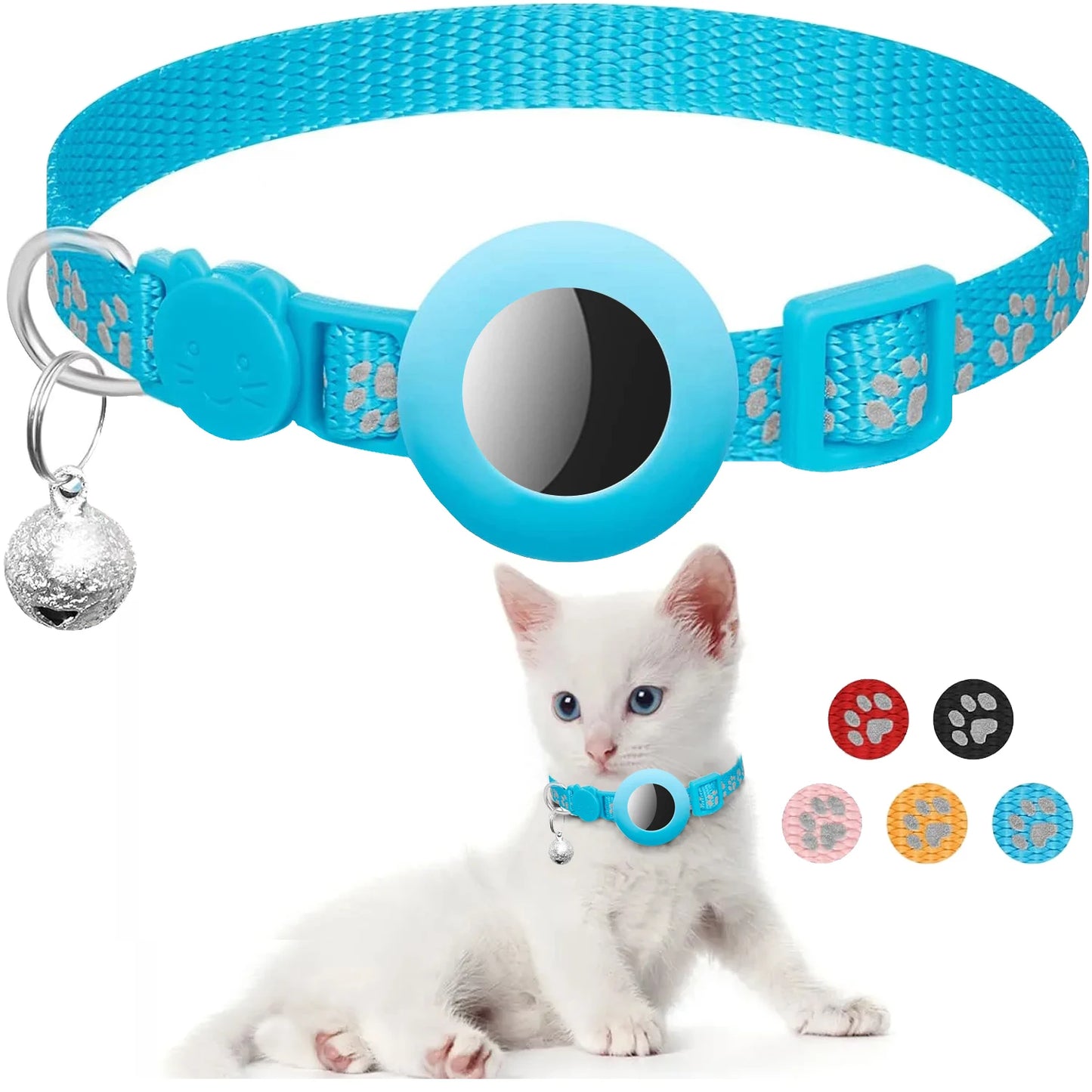 PawPrint Pro Nylon AirTag Cat Collar with Bell & reflective strip design blue