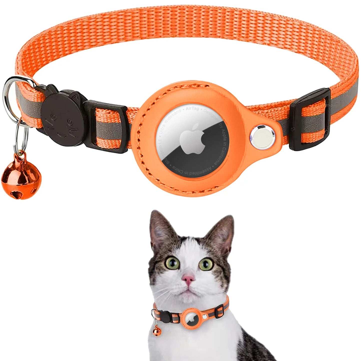 orange airtag cat collar, breakaway cat collar with airtag holder,