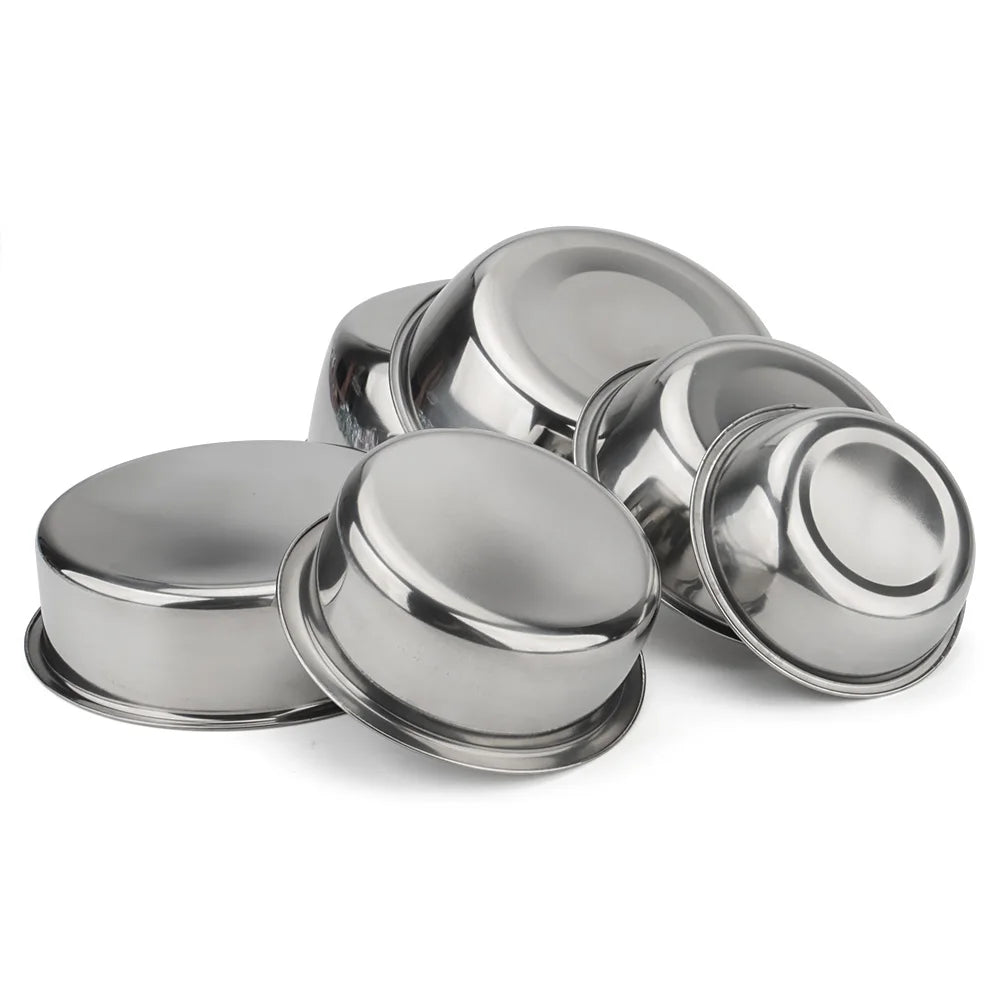 Stainless steel pet bowls stacked together for storage