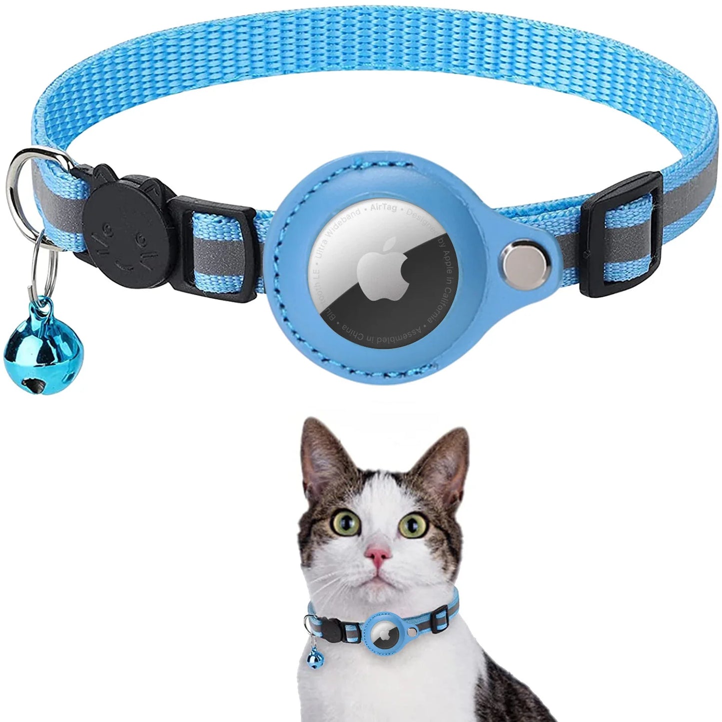 sky blue airtag cat collar, breakaway cat collar with airtag holder,