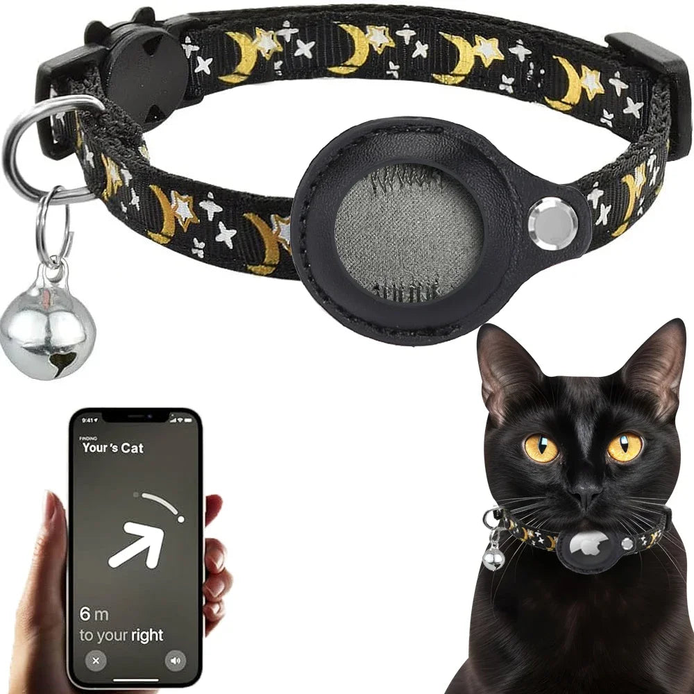 breakaway Cat Collar with AirTag Holder Moon & Star Design Black Color