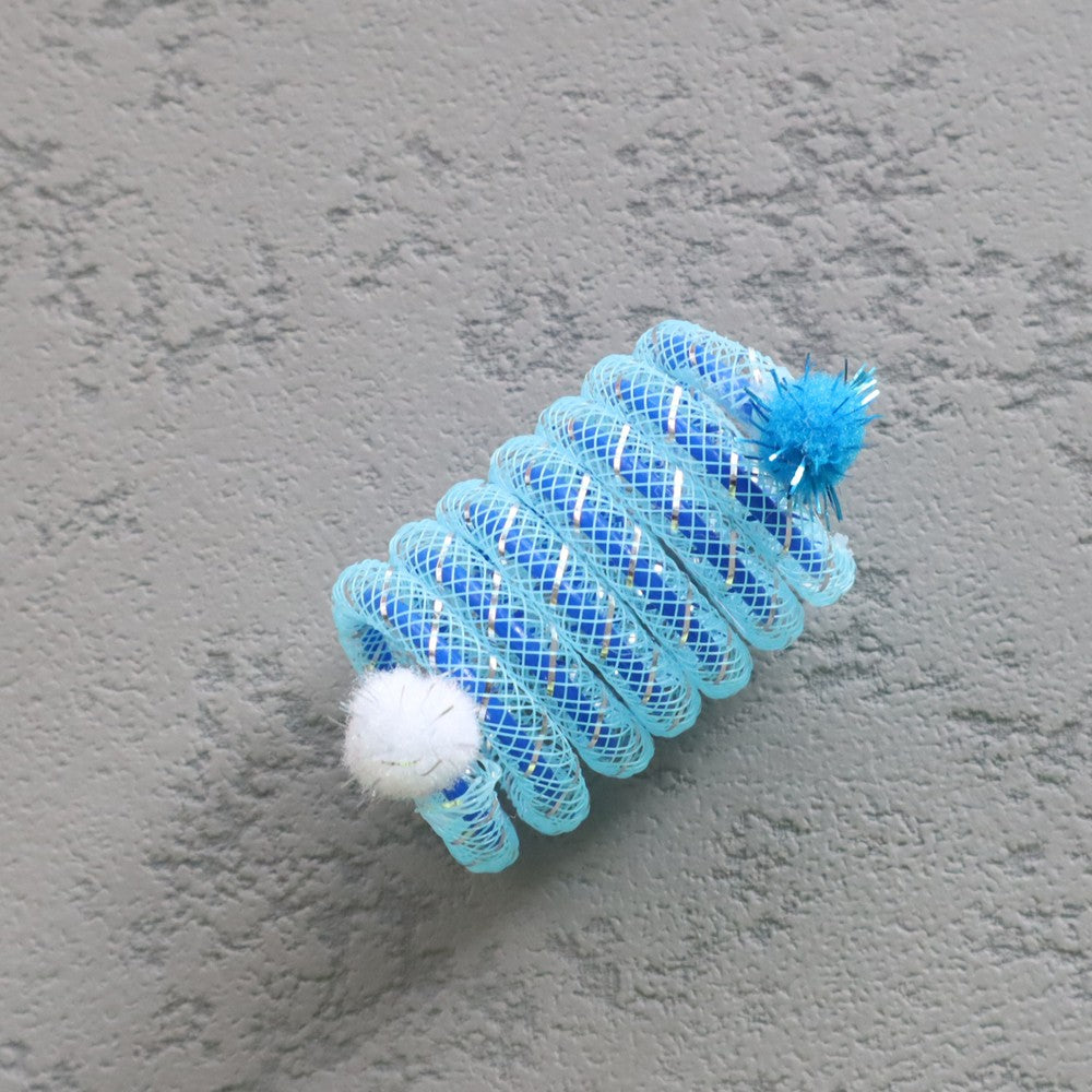 Blue cat spring toy with white and blue pom-poms