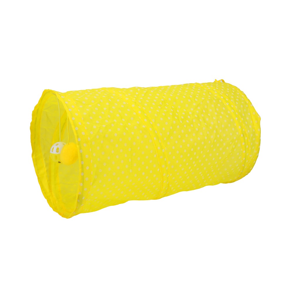 Yellow foldable cat play tunnel, side view