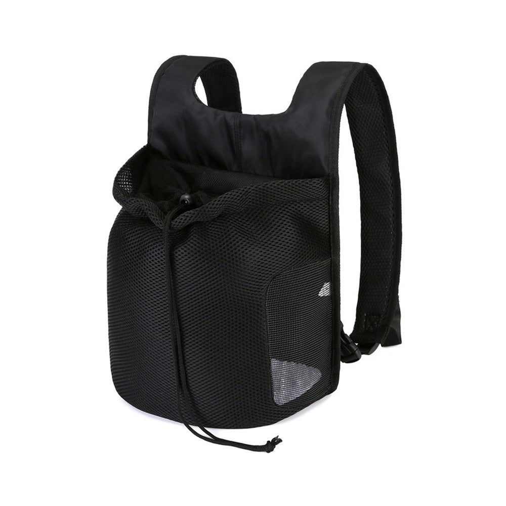 Black carrier backpack with the drawstring pulled closed