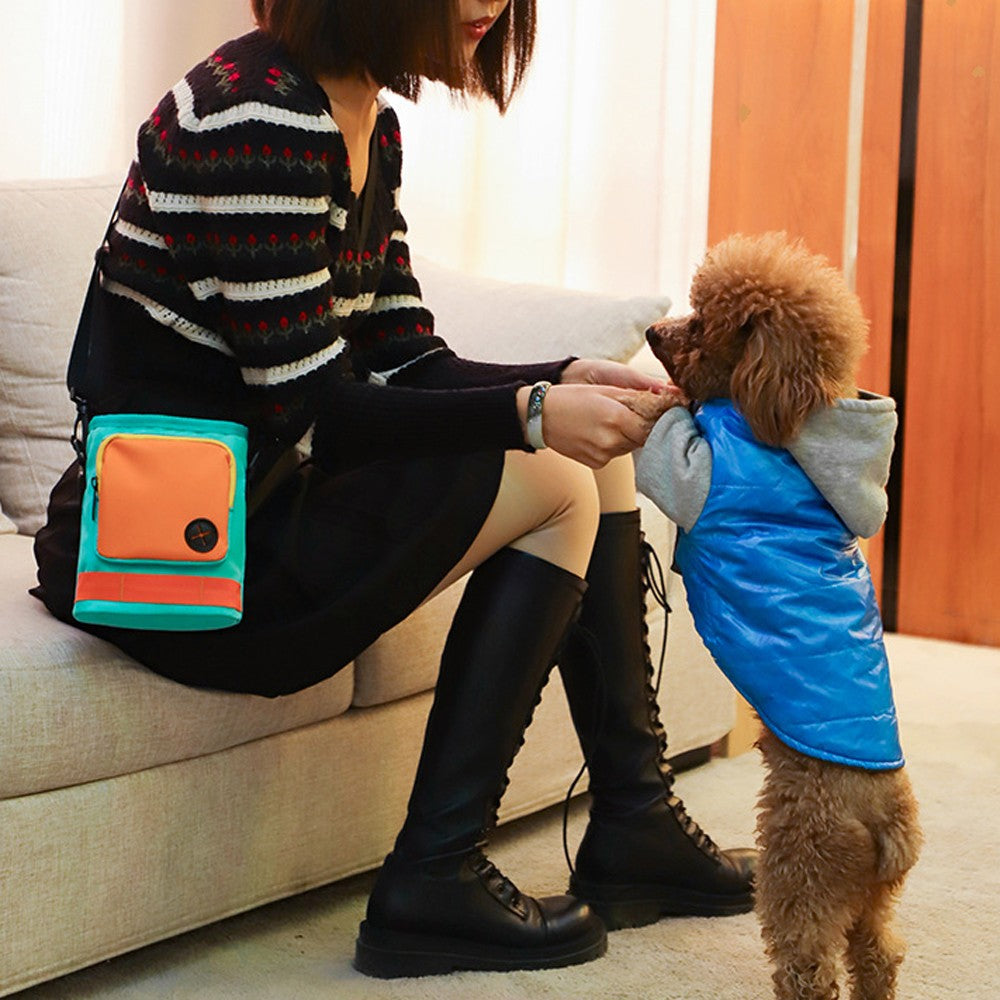 Teal walking bag worn at the hip while sitting with a dog
