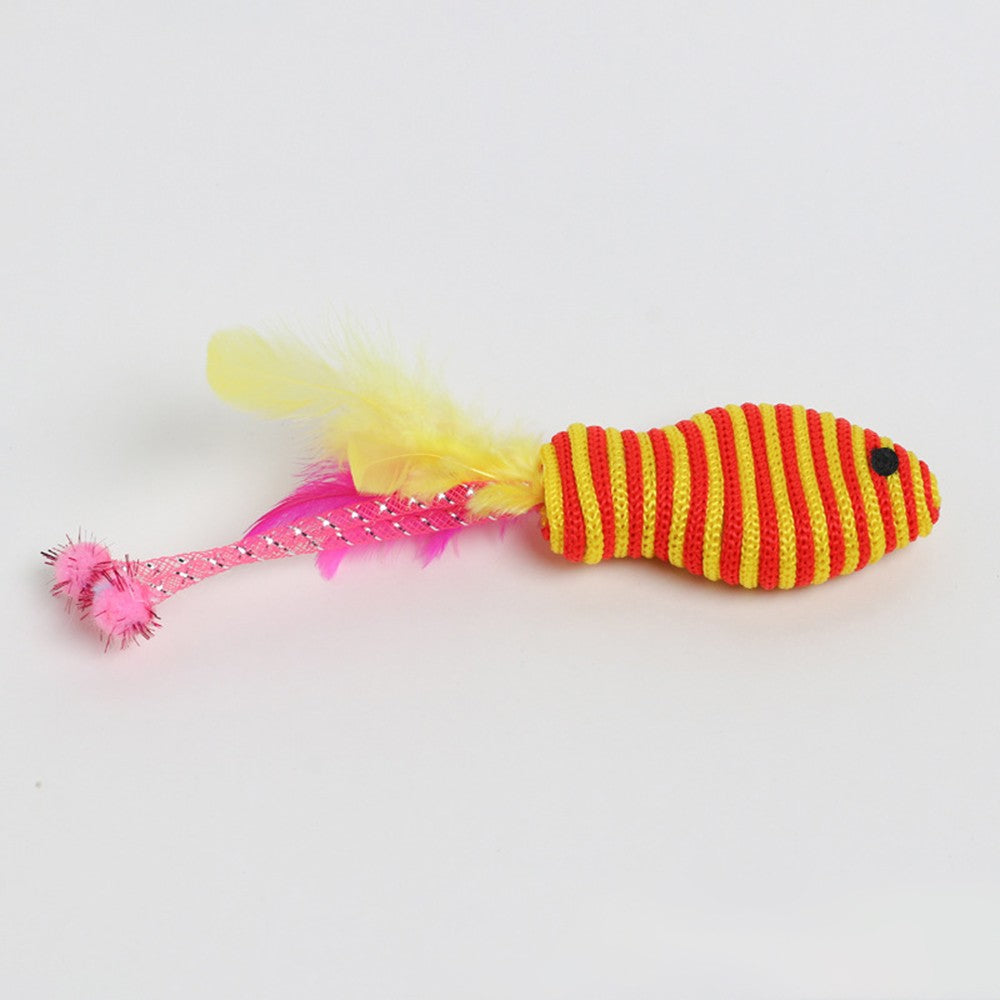 Single red fish cat toy with feather and rope tail