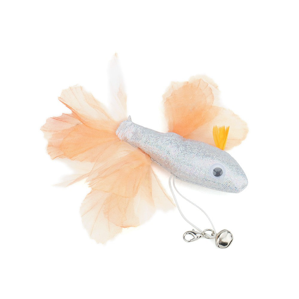 Close-up of an orange fish head with feather fins and bell