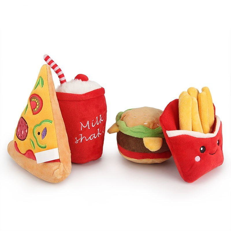 Pizza, milkshake, burger and fries plush dog toys together