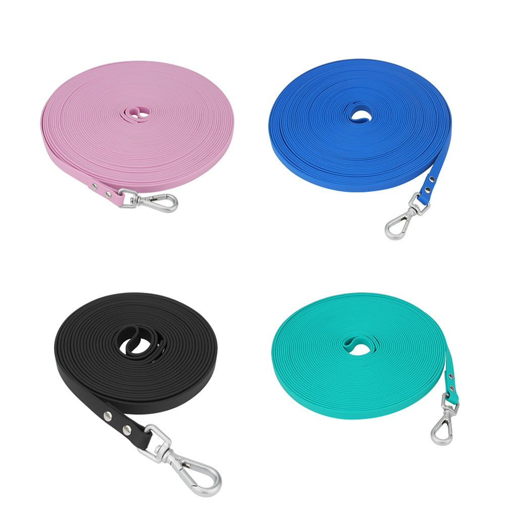 Lilac, blue, black and teal long leashes side by side