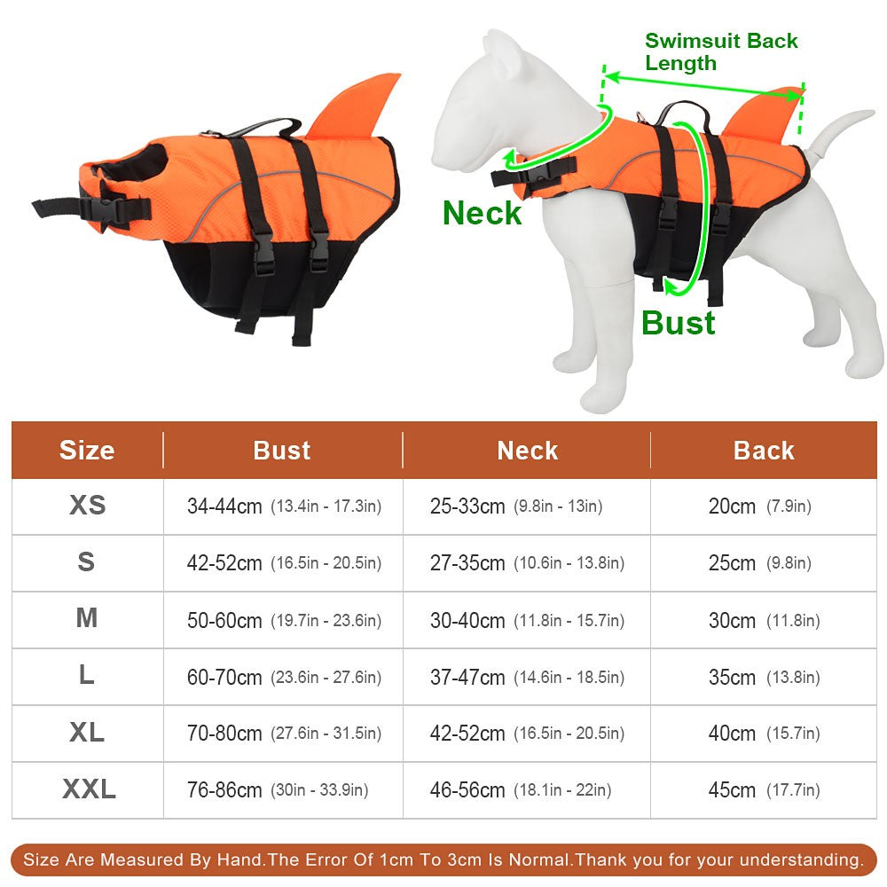 Reflective dog life jacket size chart with bust, neck and back length