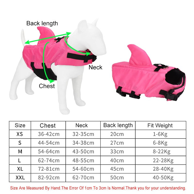 Shark life vest size chart with chest, neck, back length and dog weight