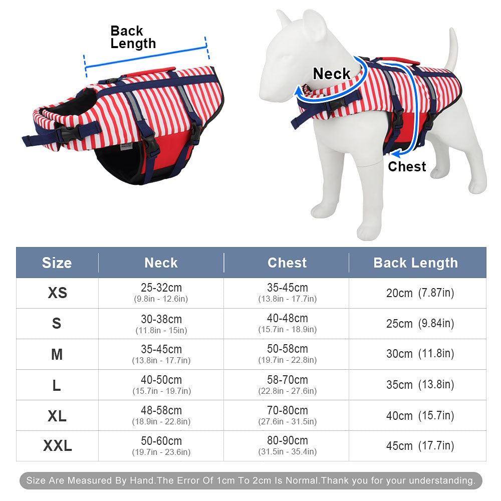 Striped dog life jacket size chart with neck, chest and back length