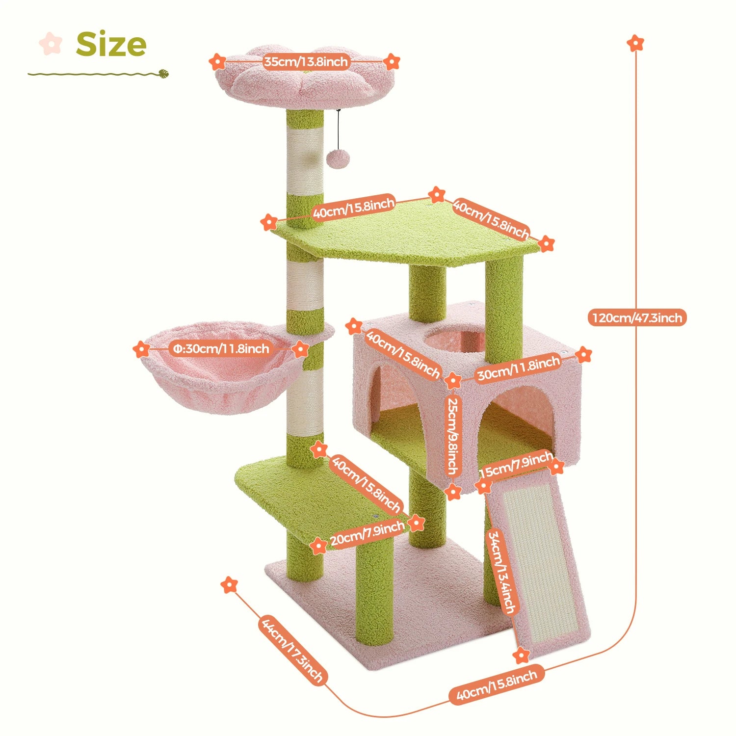 Blush Bloom Flower Cat Tree with Sisal Scratching Posts measurements