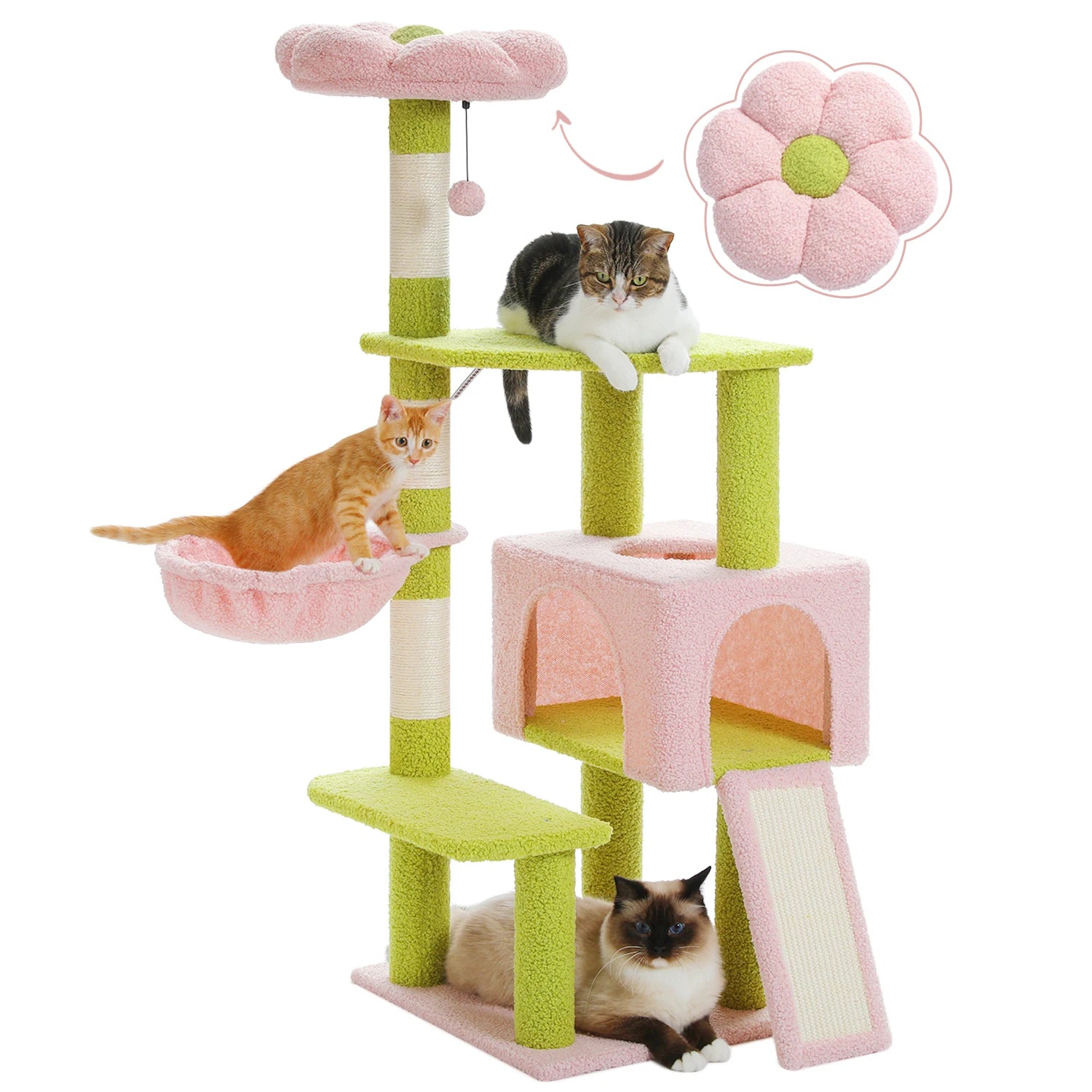 Blush Bloom Modern Flower Cat Tree with Sisal Scratching ramp stable