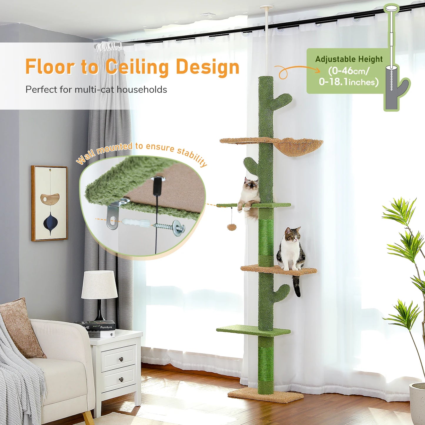 Cactus Cat Tree with Scratching Post Floor to Ceiling Design