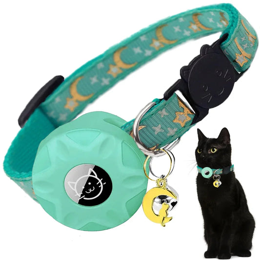Cat Collar with AirTag Holder | Moon Ornament for Kitten Green Color