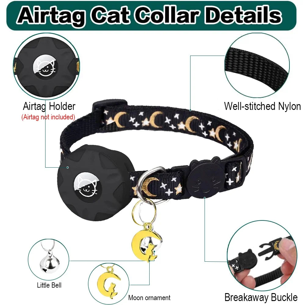 Cat Collar with AirTag Holder | Moon Ornament for Kitten Well Stitched Nylon