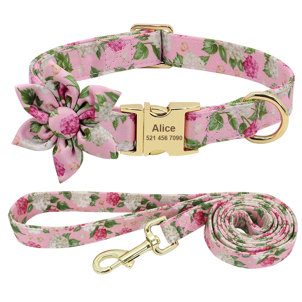 Rose Garden Nylon Flower Dog Collar Set | Flora Personalized Dog Collars