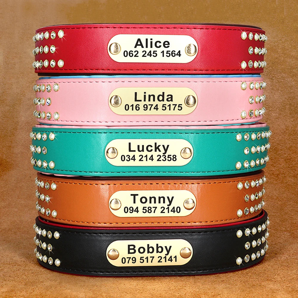 Leather Blink Dog Collars with Name Plate | rhinestone dog collar