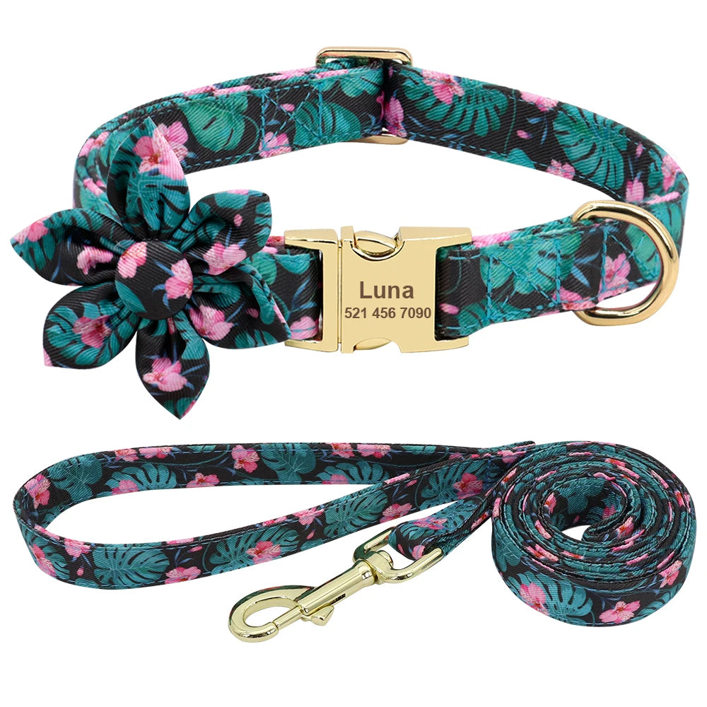 Tropical Bloom Nylon Flower Dog Collar Set | Flora Personalized Dog Collars