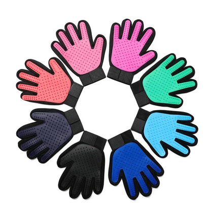 Hands on pet grooming gloves in multiple colors