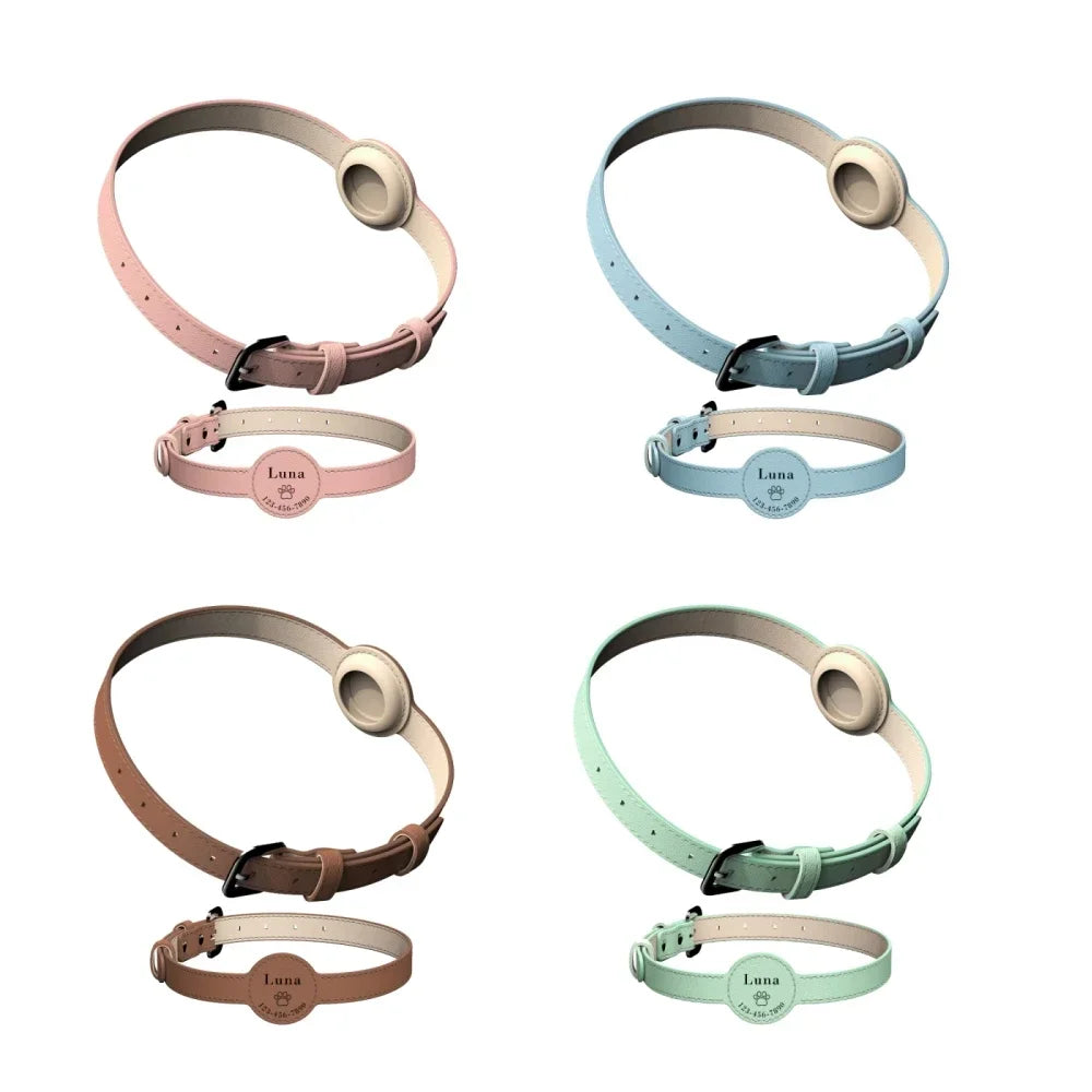 Leather Custom Cat Collar with AirTag Holder multiple colors