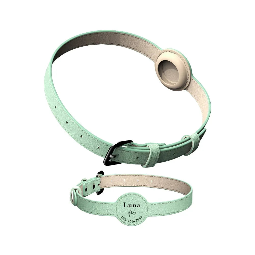 Leather Custom Pet Collar with AirTag Holder – Perfect for Cats & Dogs Green Color