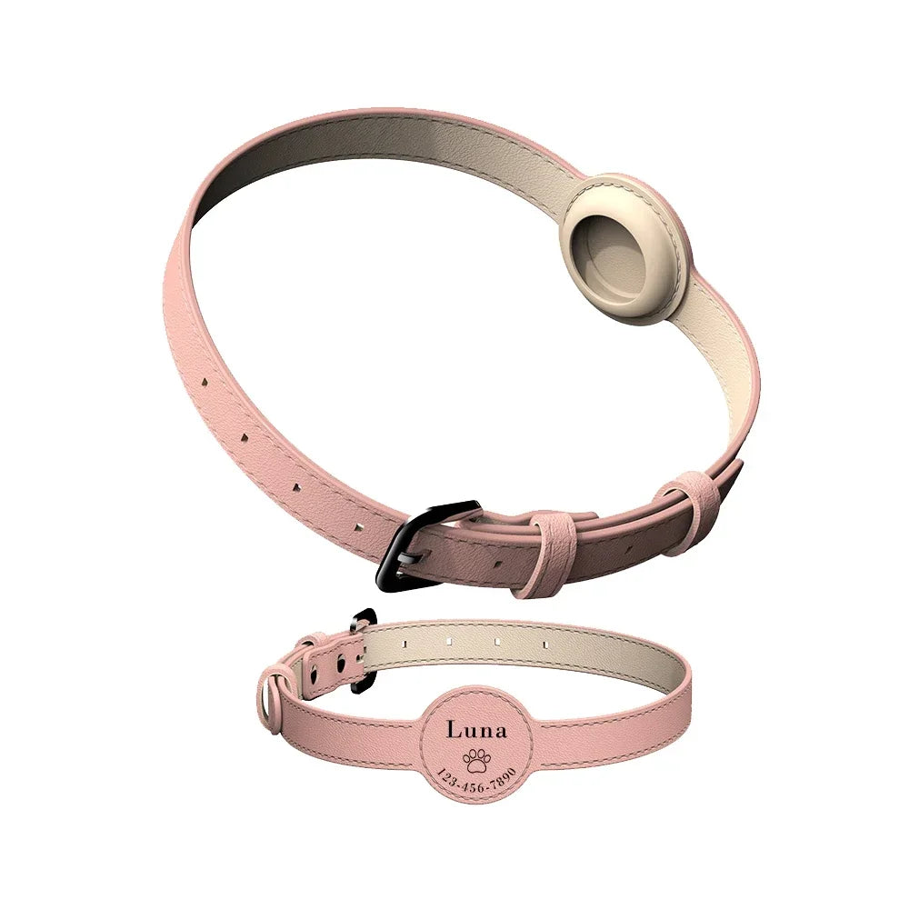 Leather Custom Pet Collar with AirTag Holder – Perfect for Cats & Dogs Pink Color