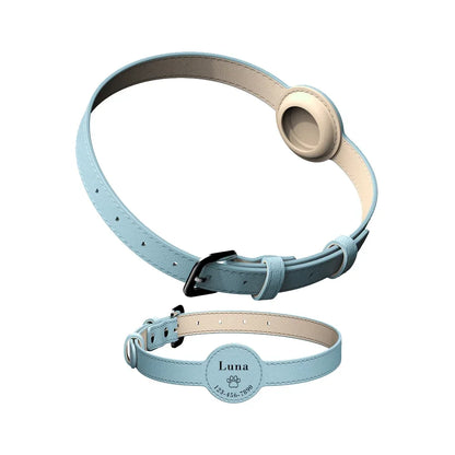 Leather Custom Pet Collar with AirTag Holder – Perfect for Cats & Dogs blue Color