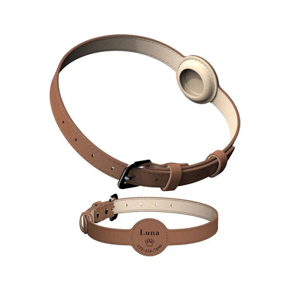 Leather Custom Pet Collar with AirTag Holder – Perfect for Cats & Dogs brown Color