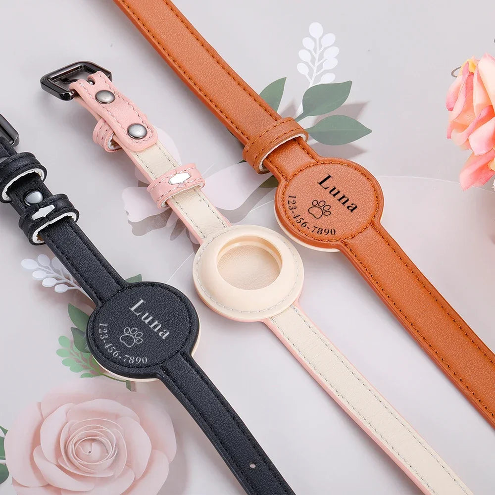 Leather Custom Pet Collar with AirTag Holder for Cats & Dogs