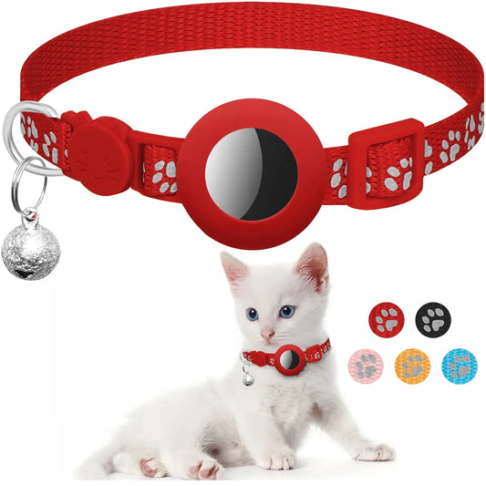 PawPrint Pro Nylon AirTag Cat Collar with Bell Red Color