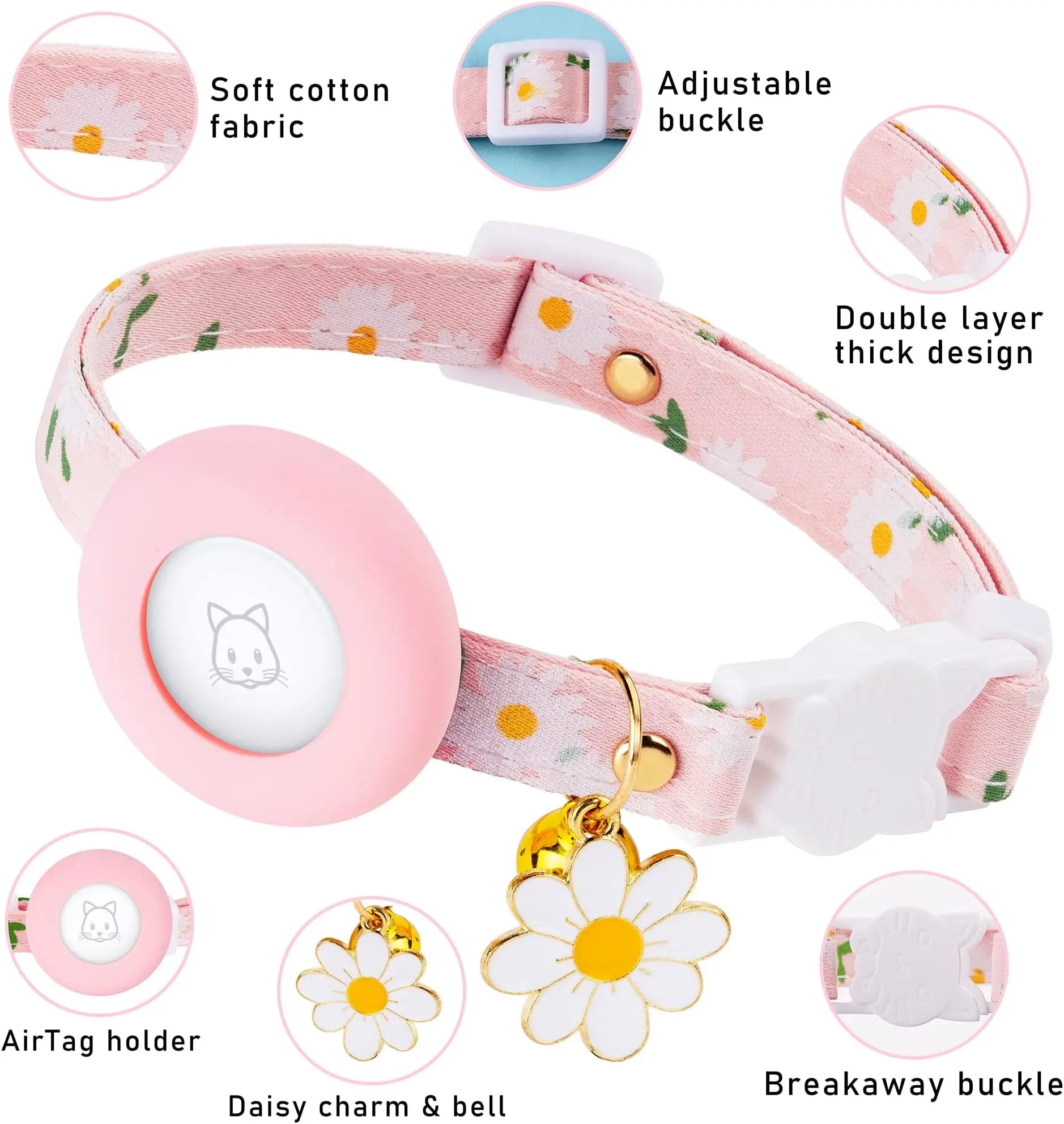 Pink Blossom – Floral AirTag Cat Collar 🌸 Breakaway Kitten Collar with AirTag Holder