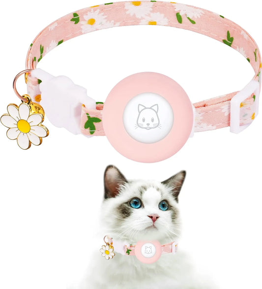 Pink Blossom – Floral AirTag Cat Collar 🌸 Breakaway Kitten Collar with AirTag Holder, Bells & Flower Charm