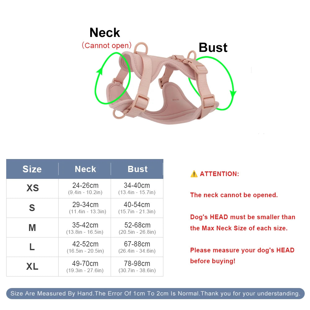 Dog vest harness size chart for neck and chest, sizes XS to XL