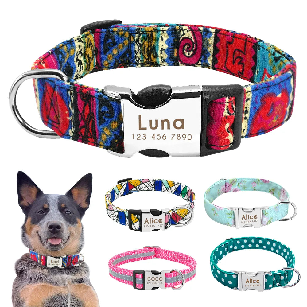 Personalized Nylon Dog Collar with Name Plate (Reflective Design)