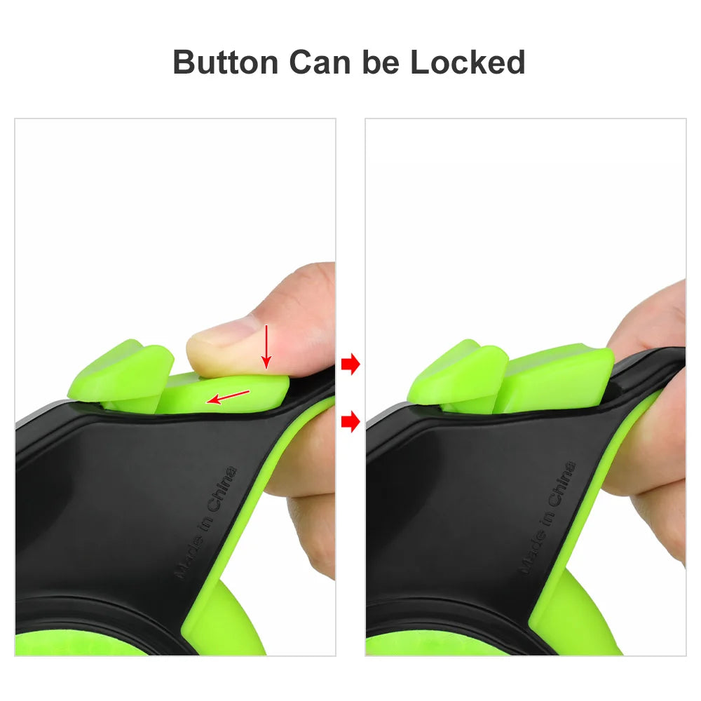 Lock button on the retractable dog leash handle, unlocked and locked