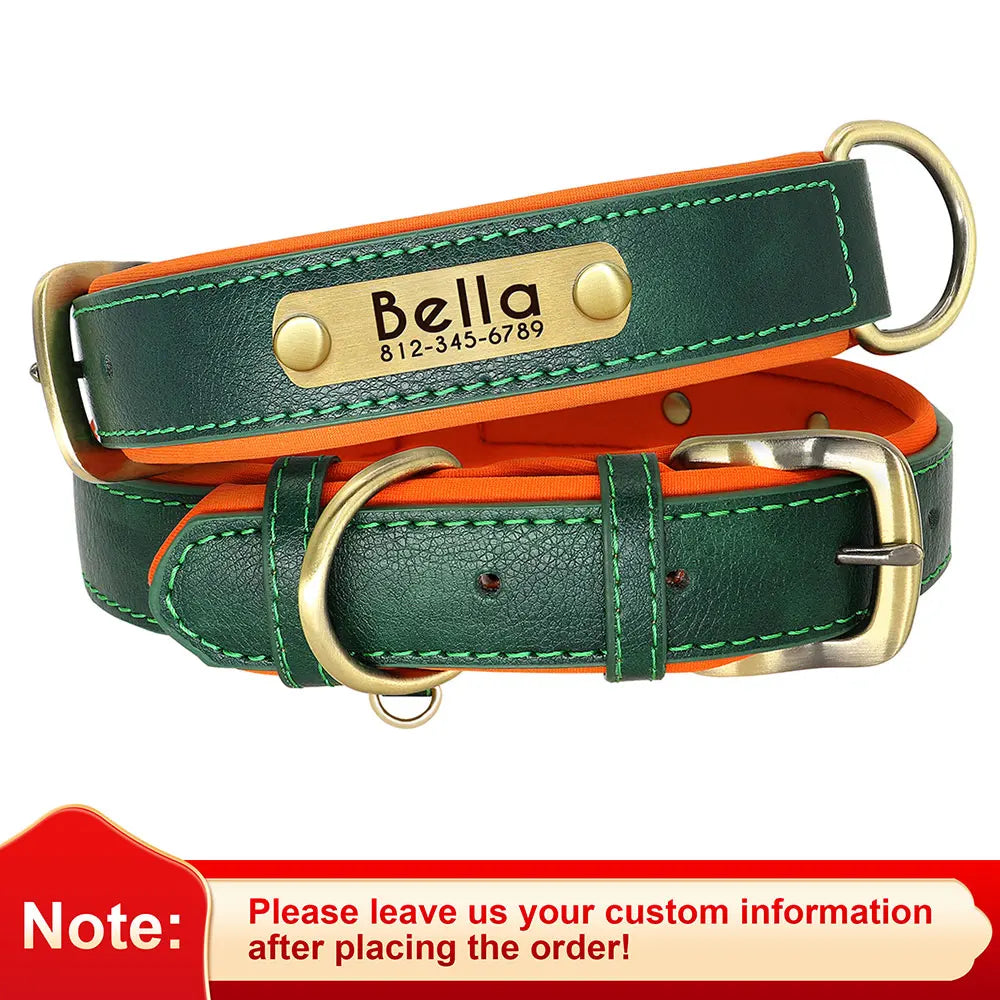 Green Color Personalized Leather Dog Collars with ID Nameplate (Free Engraving)