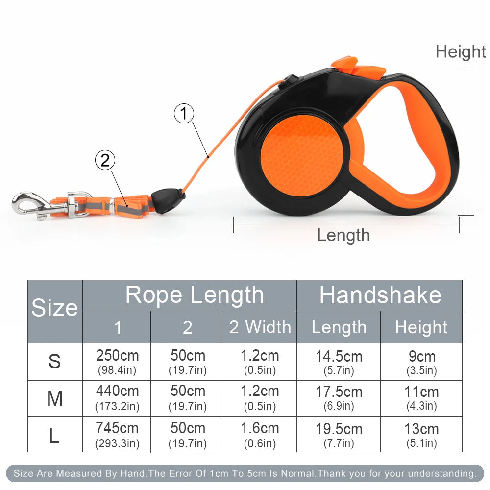 Retractable dog leash size chart with cord length and handle size