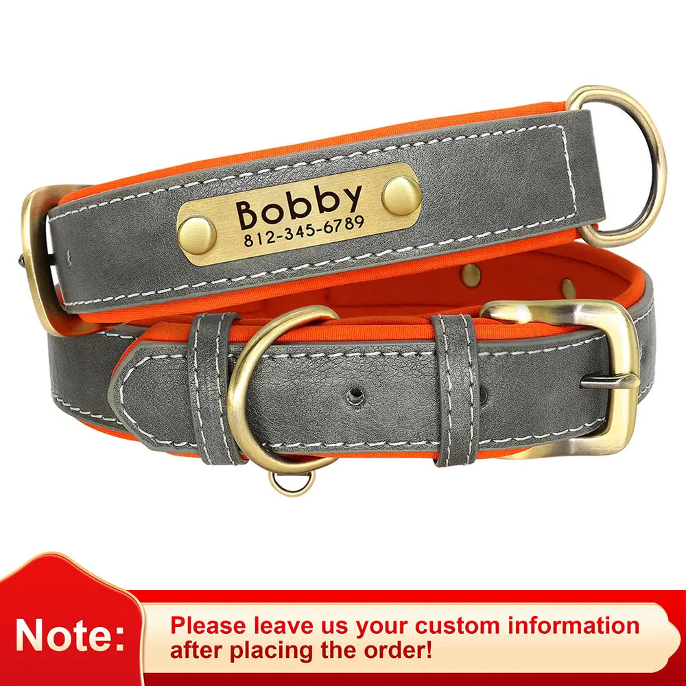 Personalized Leather Dog Collars with ID Nameplate (Free Engraving)