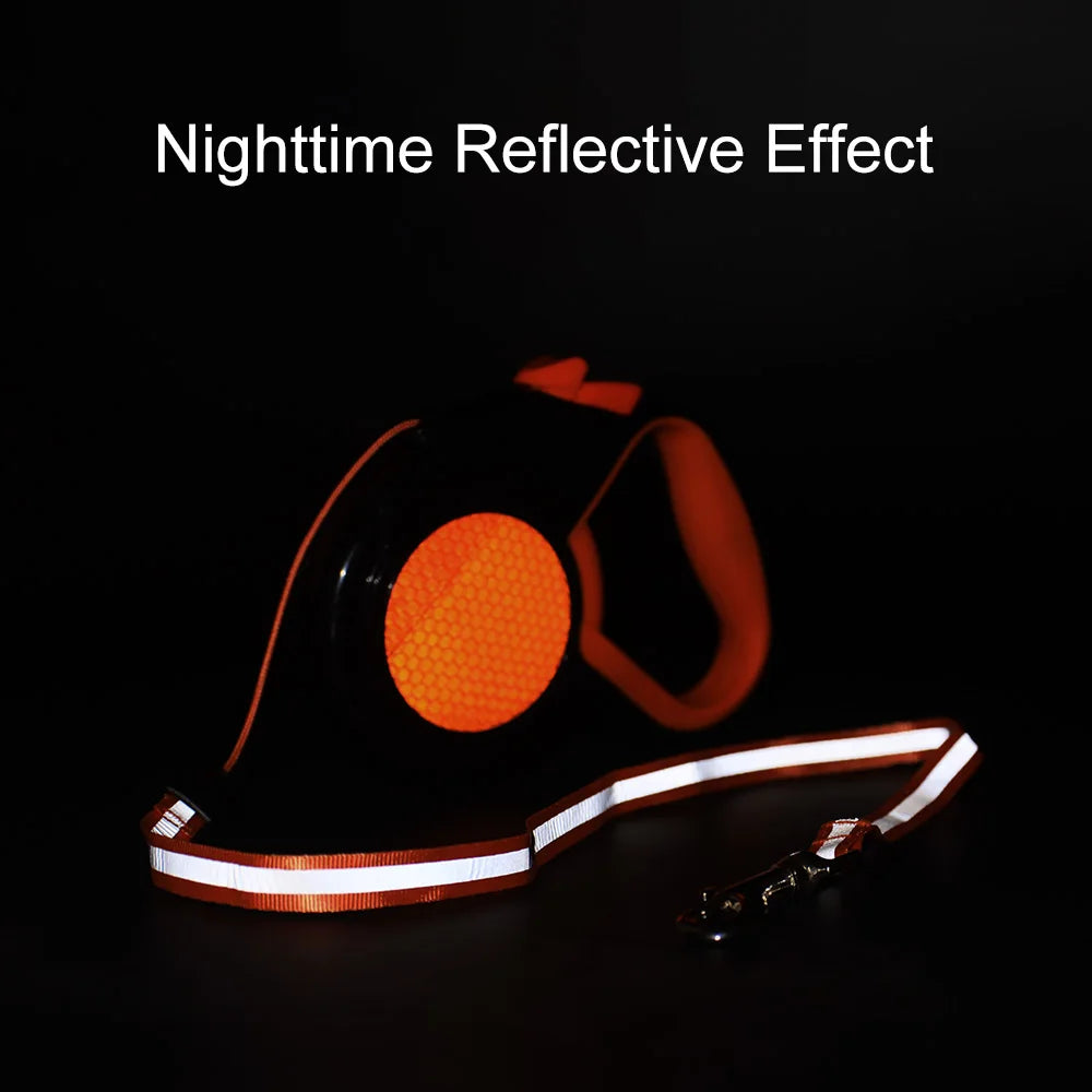 Reflective strip on the retractable leash shining at night