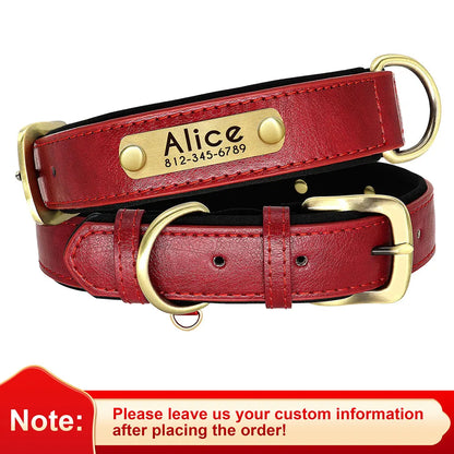 Red Color Personalized Leather Dog Collars with ID Nameplate (Free Engraving)