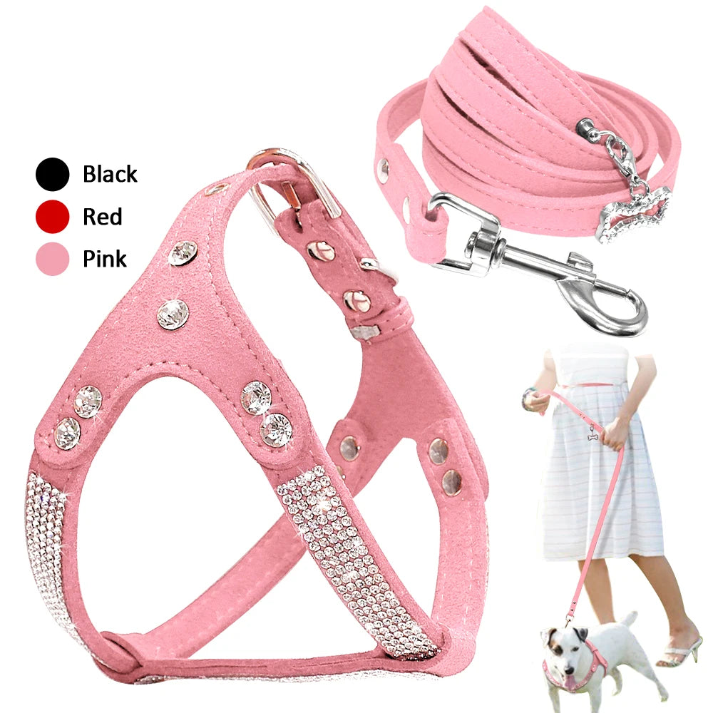 Soft Suede Leather Dog Harness & Leash Set for Small Dog  (With Rhinestone & Crystal Bone Pendant)