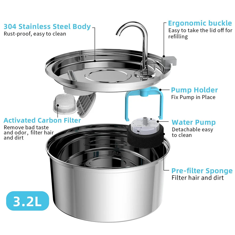 Stainless Steel Cat Water Fountain with activated carbon filter