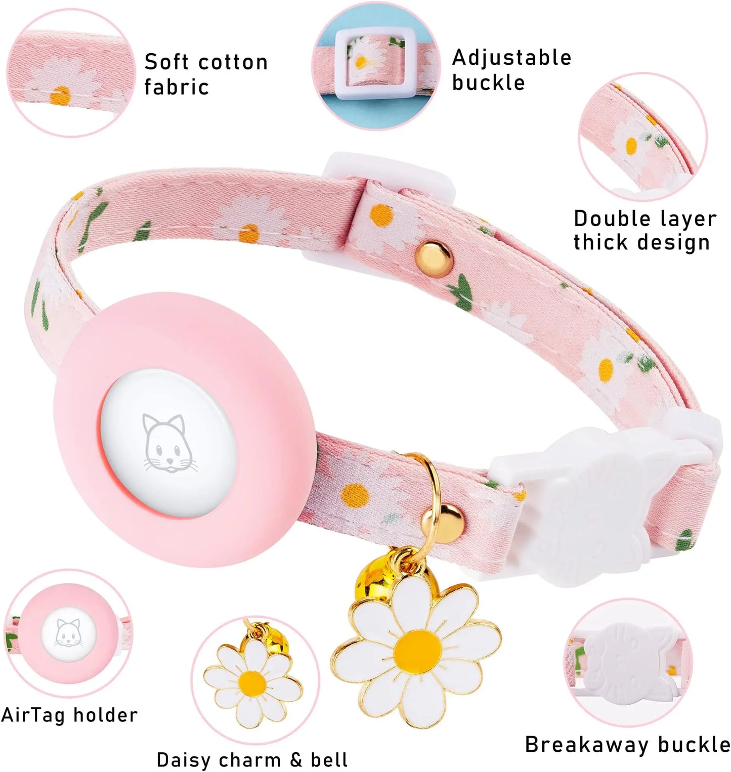 Sunny Meadow – Yellow Floral AirTag Cat Collar 🌞 Breakaway Kitten Collar with AirTag Holder