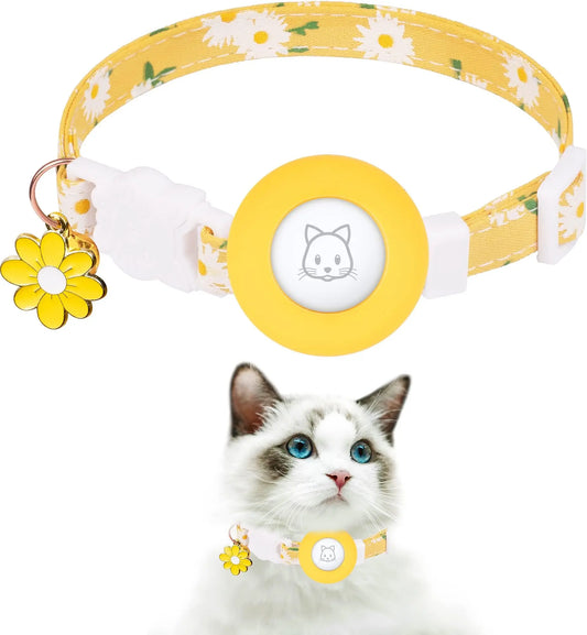 Sunny Meadow – Yellow Floral AirTag Cat Collar 🌞 Breakaway Kitten Collar with AirTag Holder, Bells & Flower Charm