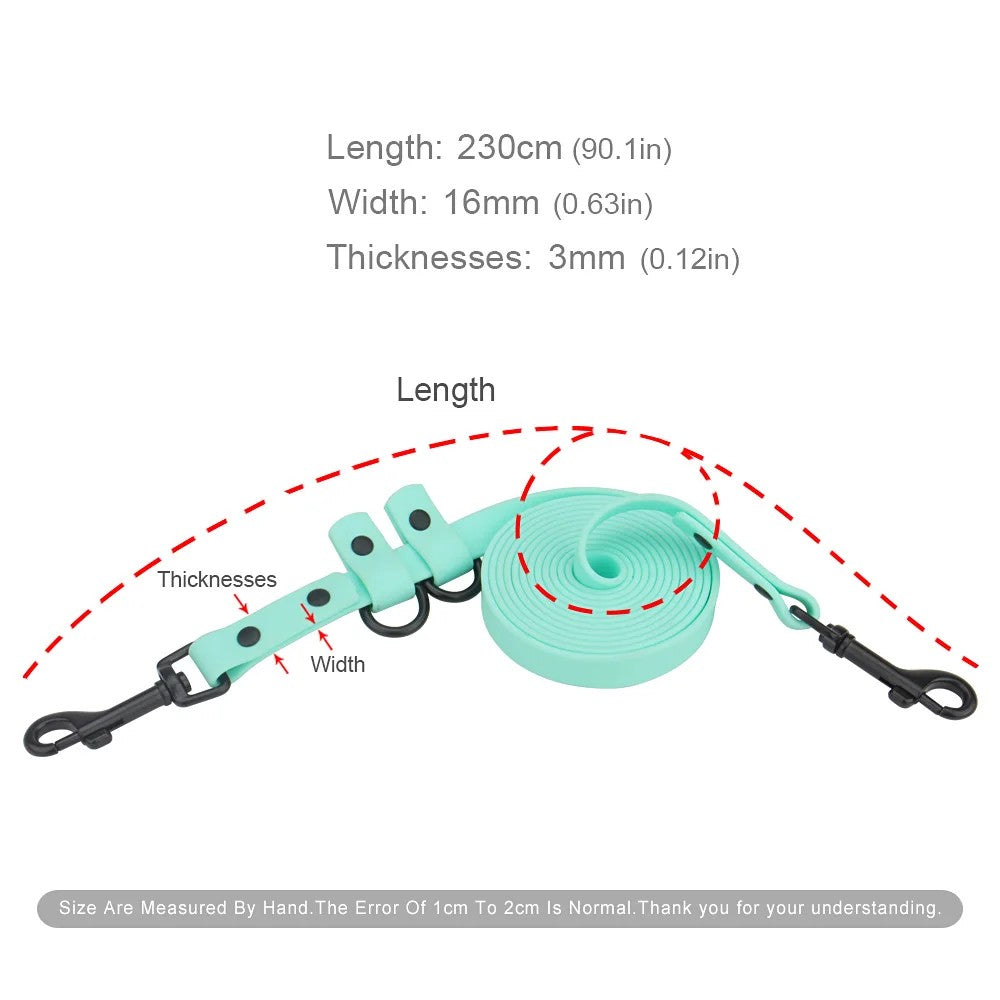 Adjustable leash size: 230 cm long, 16 mm wide, 3 mm thick