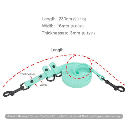 Adjustable leash size: 230 cm long, 16 mm wide, 3 mm thick