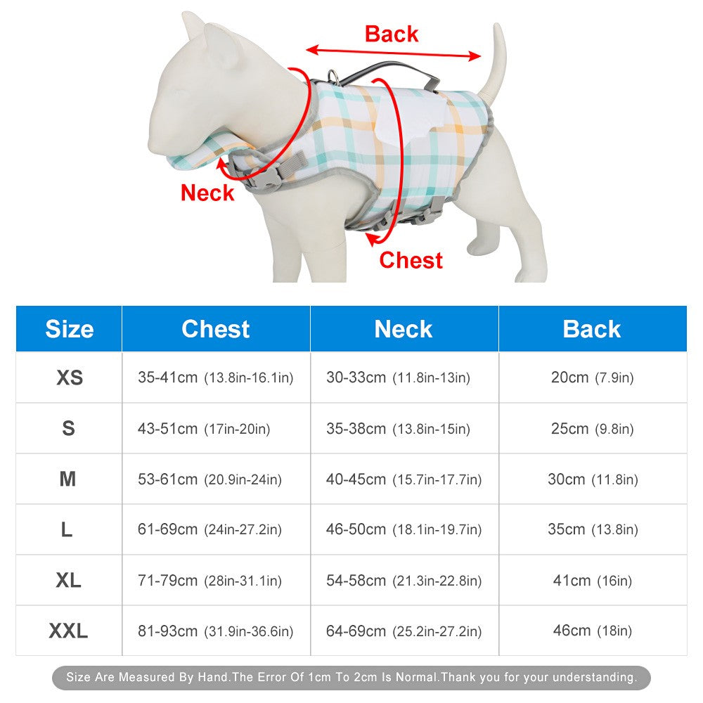 Bee dog life jacket size chart with chest, neck and back length